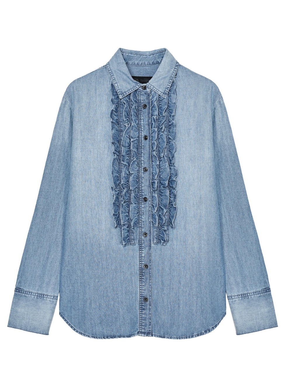 Zara Light Blue Denim Ruffle Button-Down Shirt